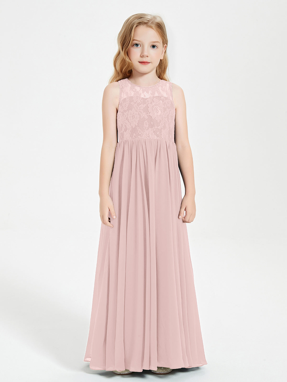 Long Junior Bridesmaid Dresses Lace Top Dusty Rose
